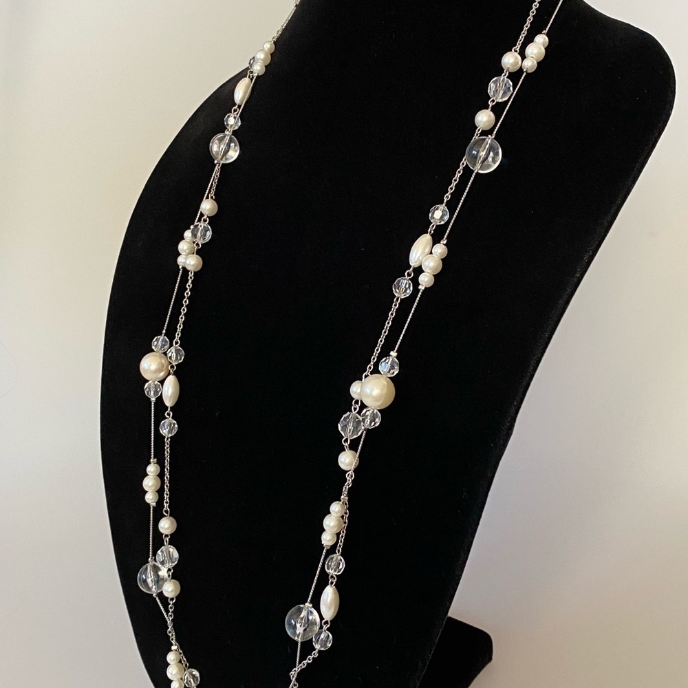 Necklace Two Strands Satellites Faux Acrylic Pearls & Beads Silver Tone 38”